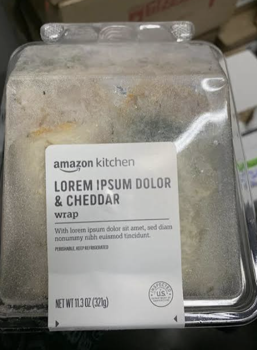 A refrigerated wrap on a store shelf with an Amazon Kitchen label reading "Lorem Ipsum Dolor & Cheddar wrap" and the body copy "With lorem ipsum dolor sit amet, sed diam nonummy nibh euismod tincidunt."